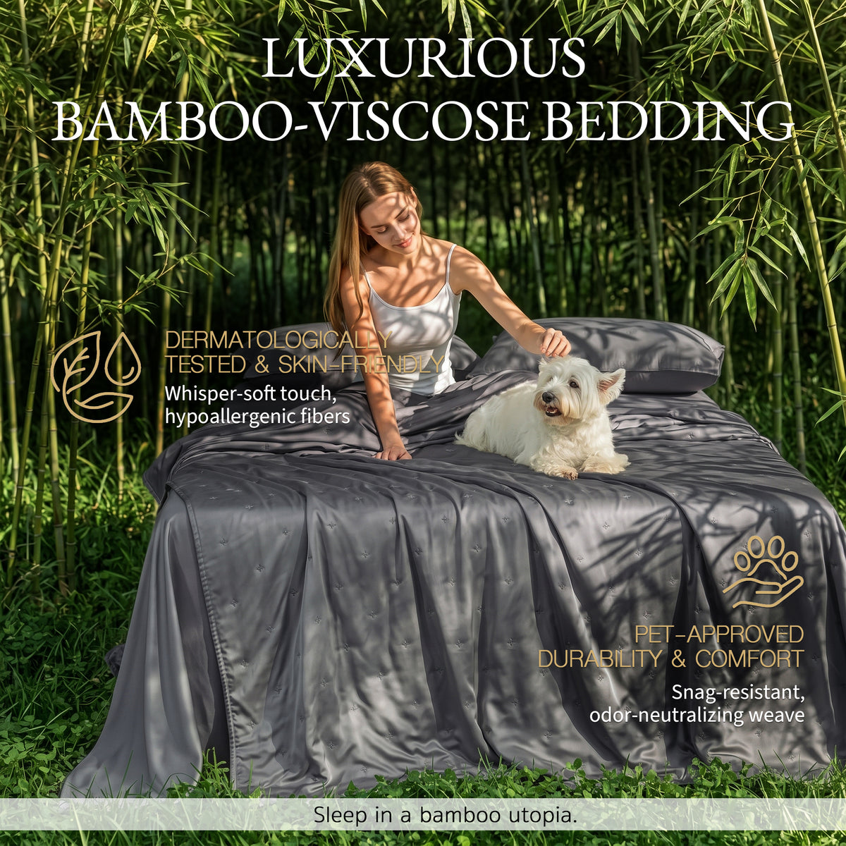 Bambopia Embroidered 100% Viscose Derived from Bamboo Quilt Only 400TC Bamboo Viscose Fabric + 150GSM Filling, Lightweight Blanket for Hot Sleepers, Breathable Cooling Comforter, Dark Gray