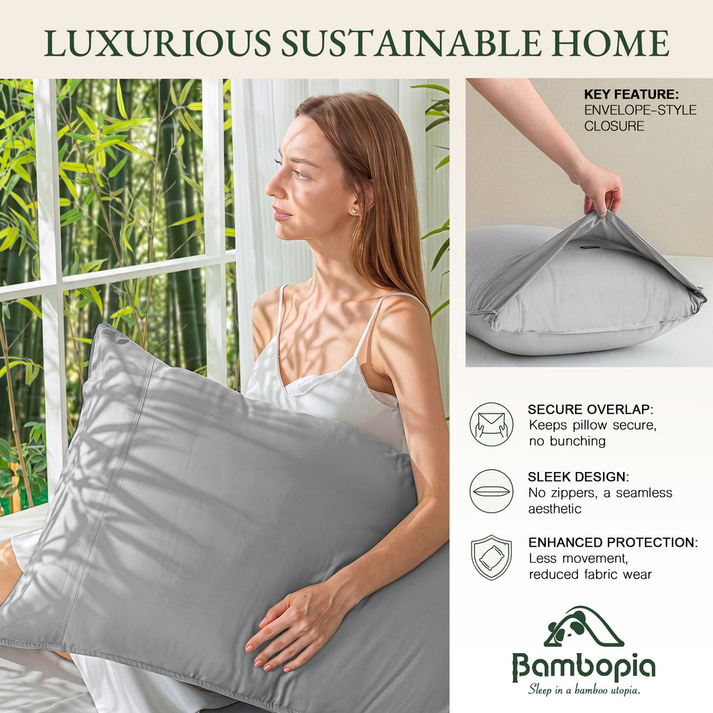 Bambopia 400TC 100% Viscose Derived from Bamboo Pillow Cases Set of 2 - 2 Pack Breathable & Cooling Pillowcases for Hot Sleepers, Pillow Covers with Envelope Closure, Light Gray