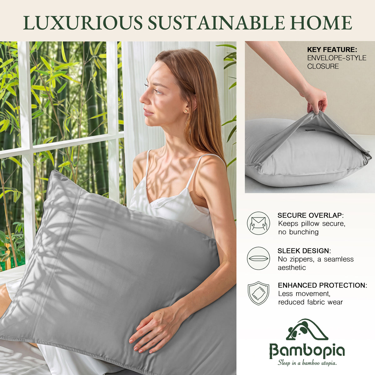 Bambopia 400TC 100% Viscose Derived from Bamboo Pillow Cases Set of 2 - 2 Pack Breathable & Cooling Pillowcases for Hot Sleepers, Pillow Covers with Envelope Closure, Light Gray