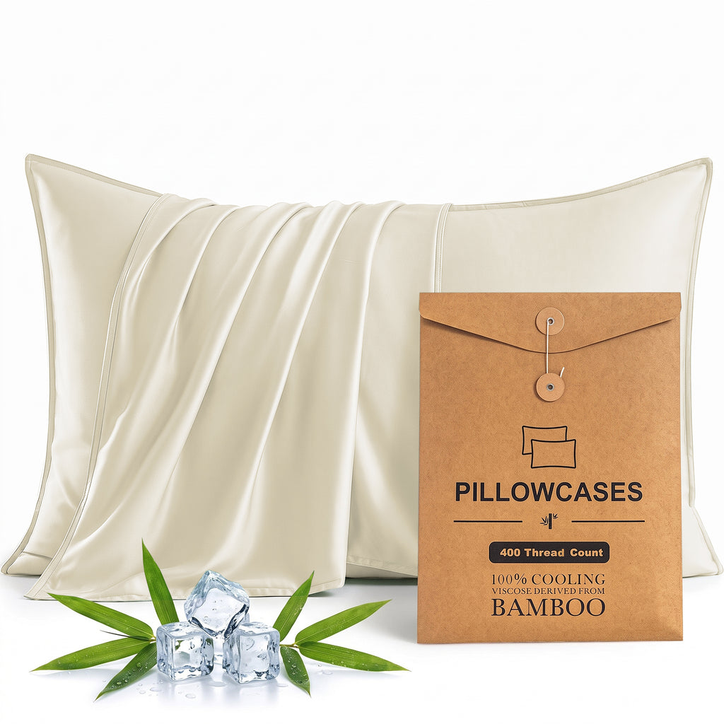 Bambopia 400TC 100% Viscose Derived from Bamboo Pillow Cases Set of 2 - 2 Pack Breathable & Cooling Pillowcases for Hot Sleepers, Pillow Covers with Envelope Closure, Beige