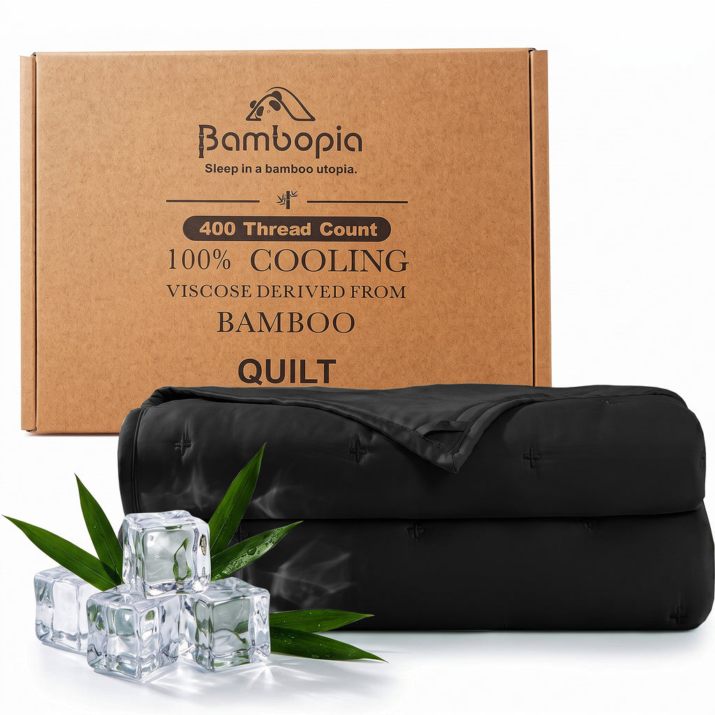 Bambopia Embroidered 100% Viscose Derived from Bamboo Quilt Only 400TC Bamboo Viscose Fabric + 150GSM Filling, Lightweight Blanket for Hot Sleepers, Breathable Cooling Comforter, Black