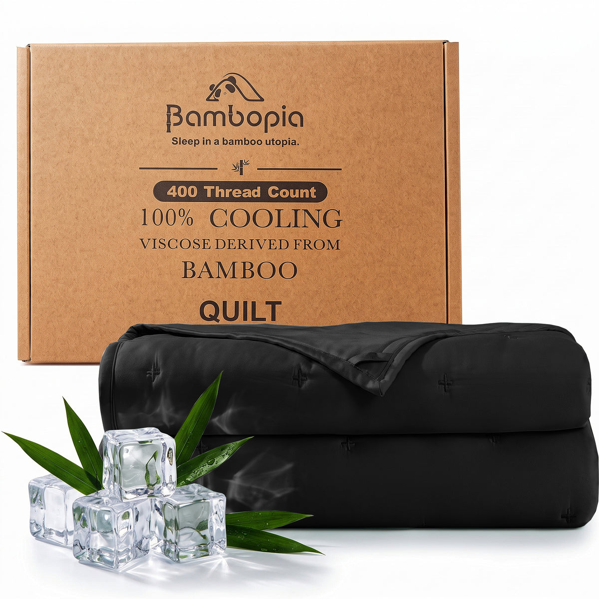Bambopia Embroidered 100% Viscose Derived from Bamboo Quilt Only 400TC Bamboo Viscose Fabric + 150GSM Filling, Lightweight Blanket for Hot Sleepers, Breathable Cooling Comforter, Black