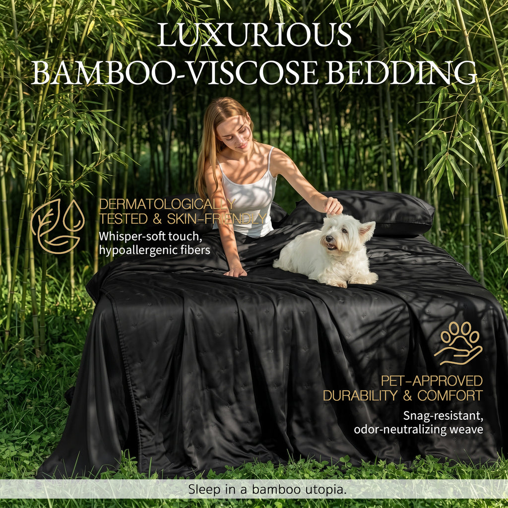 Bambopia Embroidered 100% Viscose Derived from Bamboo Quilt Only 400TC Bamboo Viscose Fabric + 150GSM Filling, Lightweight Blanket for Hot Sleepers, Breathable Cooling Comforter, Black