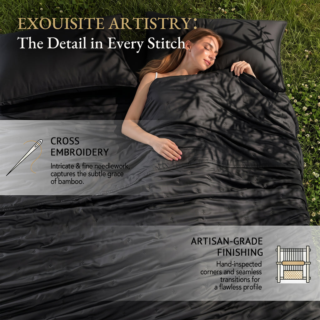 Bambopia Embroidered 100% Viscose Derived from Bamboo Quilt Only 400TC Bamboo Viscose Fabric + 150GSM Filling, Lightweight Blanket for Hot Sleepers, Breathable Cooling Comforter, Black