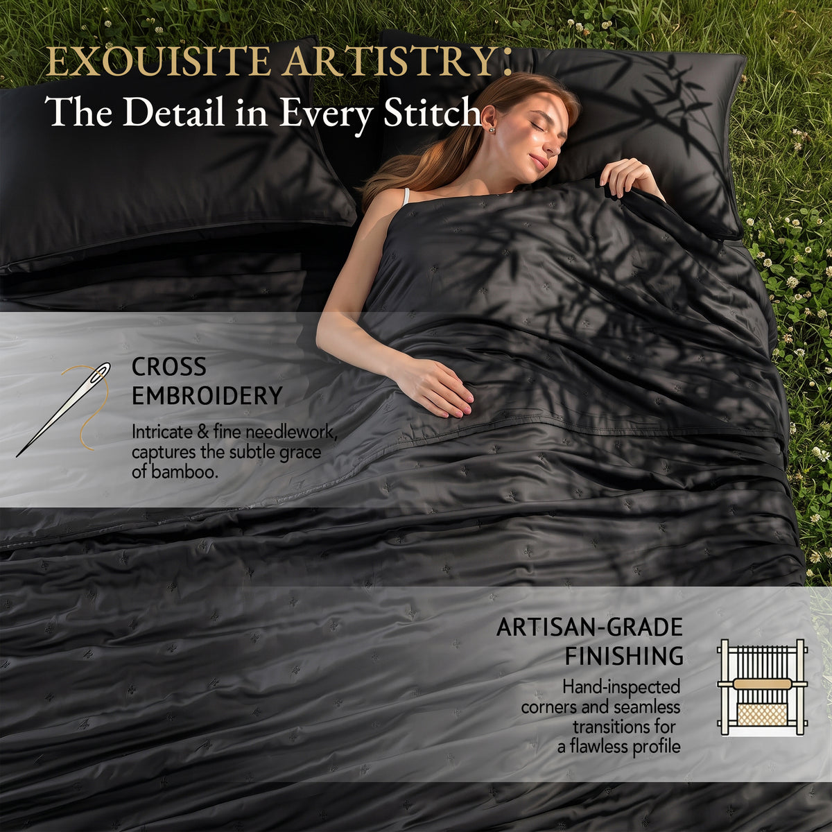 Bambopia Embroidered 100% Viscose Derived from Bamboo Quilt Only 400TC Bamboo Viscose Fabric + 150GSM Filling, Lightweight Blanket for Hot Sleepers, Breathable Cooling Comforter, Black