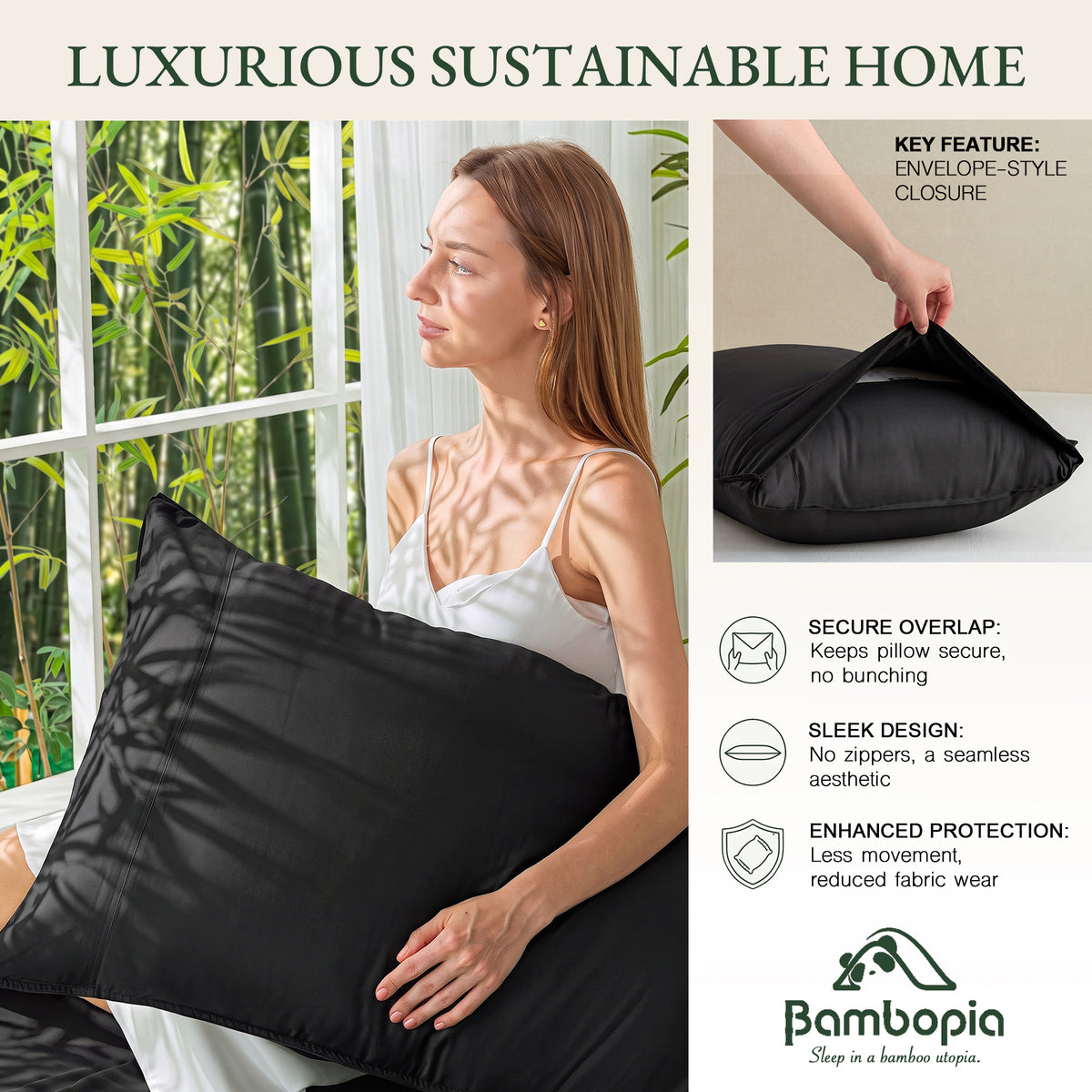 Bambopia 400TC 100% Viscose Derived from Bamboo Pillow Cases Set of 2 - 2 Pack Breathable & Cooling Pillowcases for Hot Sleepers, Pillow Covers with Envelope Closure, Black
