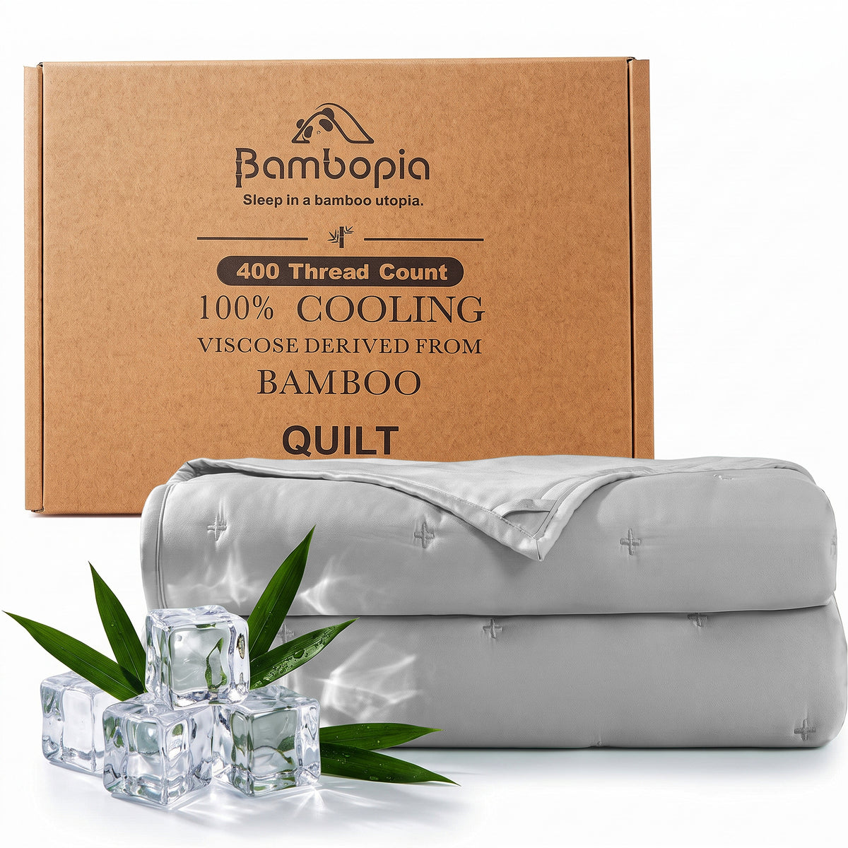 Bambopia Embroidered 100% Viscose Derived from Bamboo Quilt Only 400TC Bamboo Viscose Fabric + 150GSM Filling, Lightweight Blanket for Hot Sleepers, Breathable Cooling Comforter, Light Gray