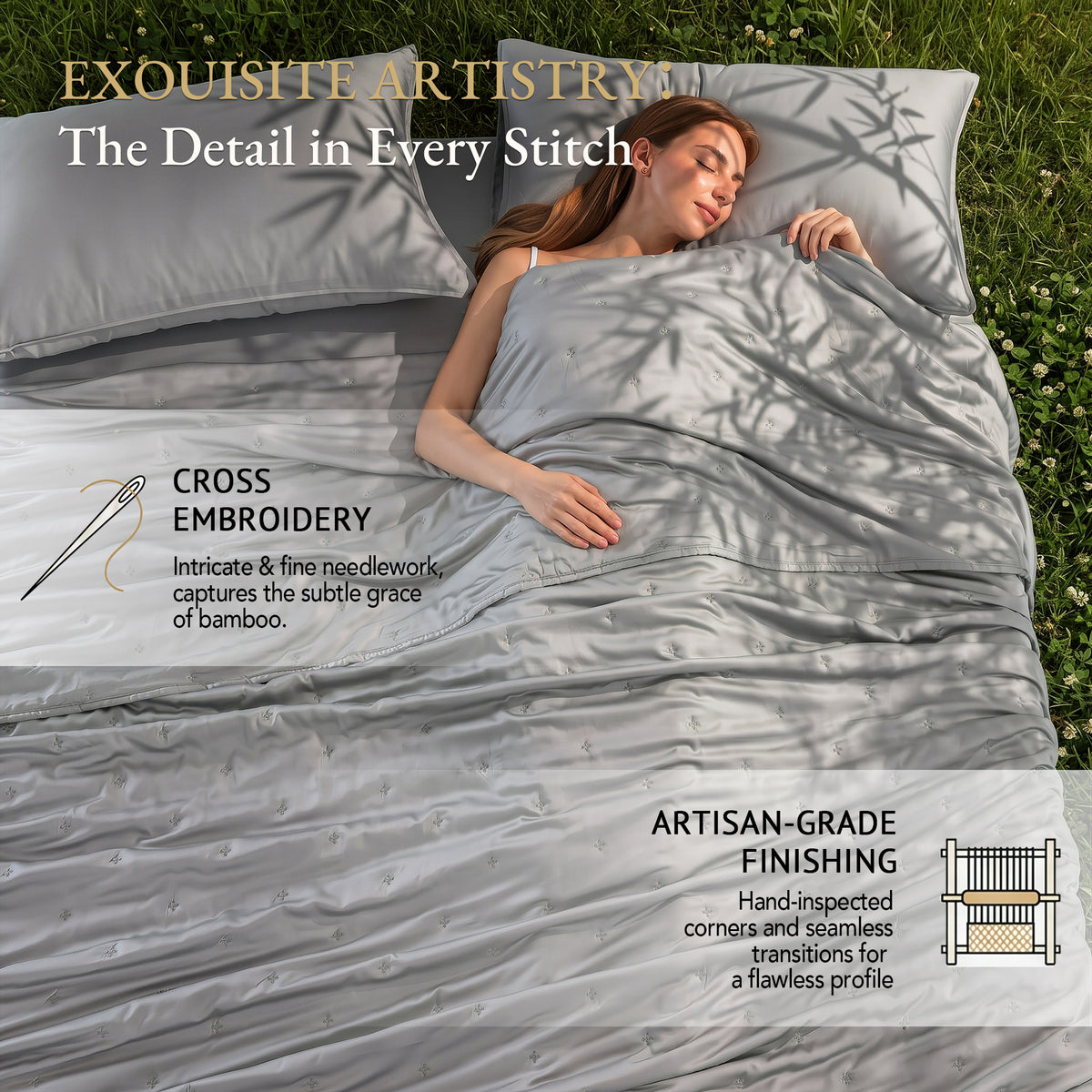 Bambopia Embroidered 100% Viscose Derived from Bamboo Quilt Only 400TC Bamboo Viscose Fabric + 150GSM Filling, Lightweight Blanket for Hot Sleepers, Breathable Cooling Comforter, Light Gray