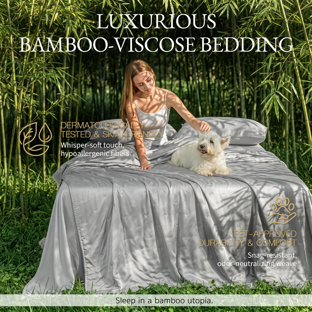 Bambopia Embroidered 100% Viscose Derived from Bamboo Quilt Only 400TC Bamboo Viscose Fabric + 150GSM Filling, Lightweight Blanket for Hot Sleepers, Breathable Cooling Comforter, Light Gray
