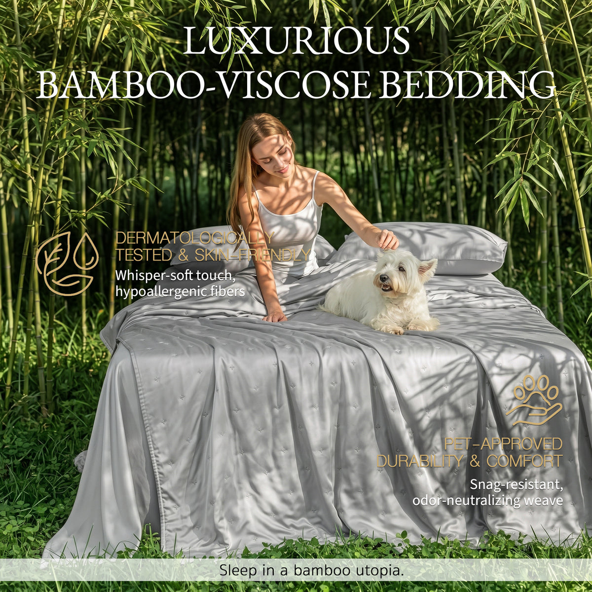 Bambopia Embroidered 100% Viscose Derived from Bamboo Quilt Only 400TC Bamboo Viscose Fabric + 150GSM Filling, Lightweight Blanket for Hot Sleepers, Breathable Cooling Comforter, Light Gray