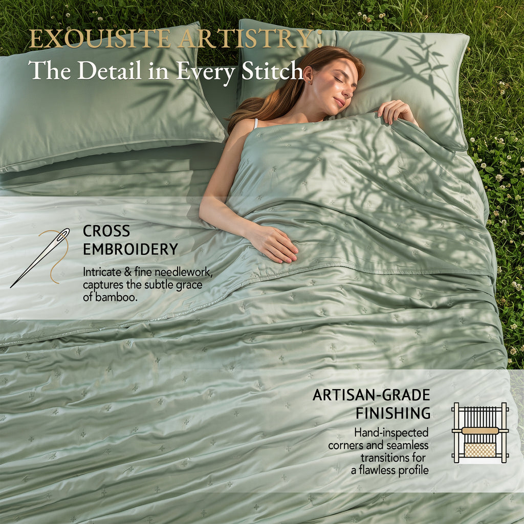 Bambopia Embroidered 100% Viscose Derived from Bamboo Quilt Only 400TC Bamboo Viscose Fabric + 150GSM Filling, Lightweight Blanket for Hot Sleepers, Breathable Cooling Comforter, Sage Green
