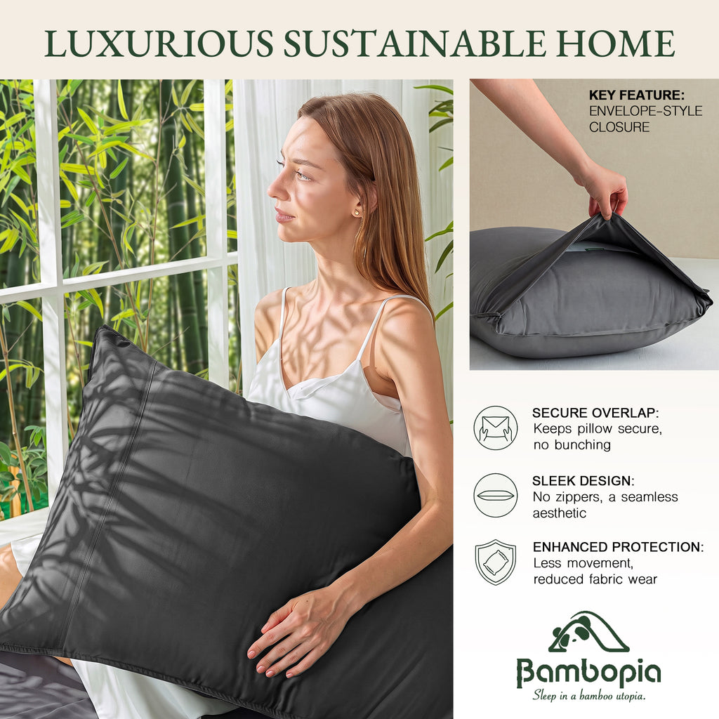 Bambopia 400TC 100% Viscose Derived from Bamboo Pillow Cases Set of 2 - 2 Pack Breathable & Cooling Pillowcases for Hot Sleepers, Pillow Covers with Envelope Closure, Dark Gray