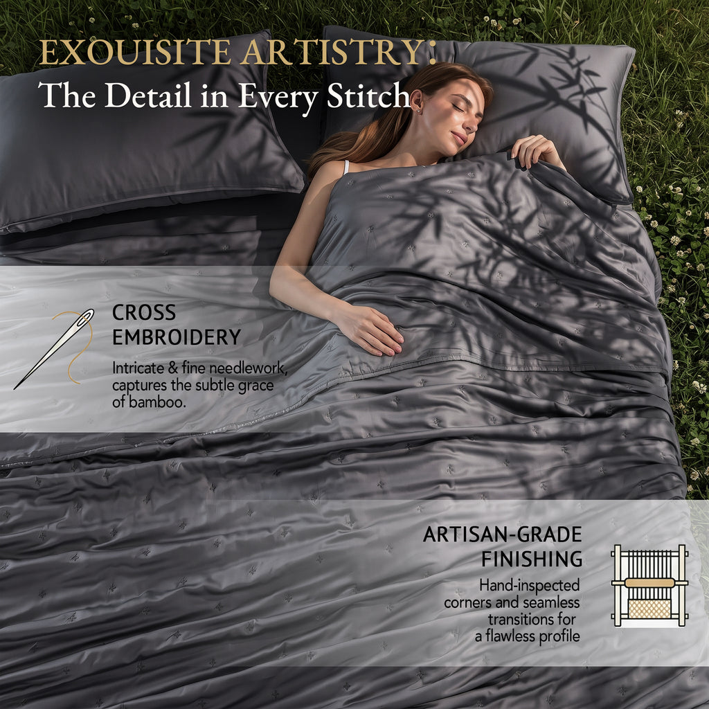 Bambopia Embroidered 100% Viscose Derived from Bamboo Quilt Only 400TC Bamboo Viscose Fabric + 150GSM Filling, Lightweight Blanket for Hot Sleepers, Breathable Cooling Comforter, Dark Gray
