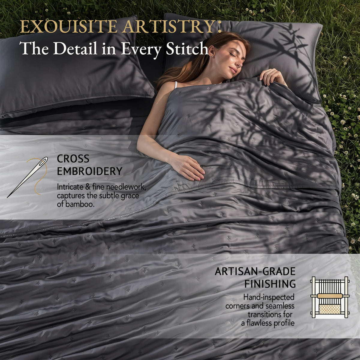 Bambopia Embroidered 100% Viscose Derived from Bamboo Quilt Only 400TC Bamboo Viscose Fabric + 150GSM Filling, Lightweight Blanket for Hot Sleepers, Breathable Cooling Comforter, Dark Gray