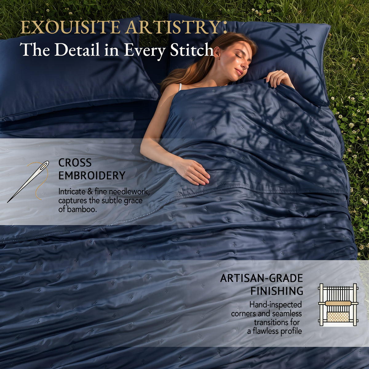 Bambopia Embroidered 100% Viscose Derived from Bamboo Quilt Only 400TC Bamboo Viscose Fabric + 150GSM Filling, Lightweight Blanket for Hot Sleepers, Breathable Cooling Comforter, Navy Blue